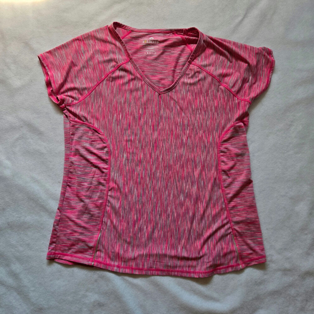 Velocity Women’s V-Neck, short sleeve Pink workout shirt.  1x plus size